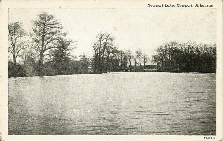 Vacant lake with trees on shore on post card
