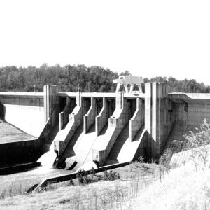 Concrete dam with trees in the background