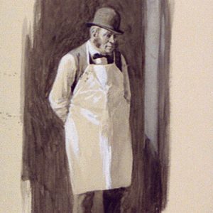 Illustration of white man wearing a bowler hat and apron