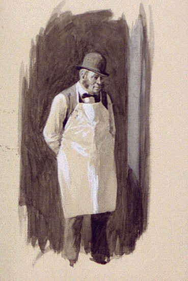 Illustration of white man wearing a bowler hat and apron