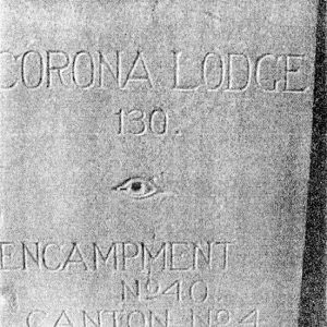 "Corona Lodge 130 Encampment Number 40 Canton Number 4" engraved cornerstone in brick wall