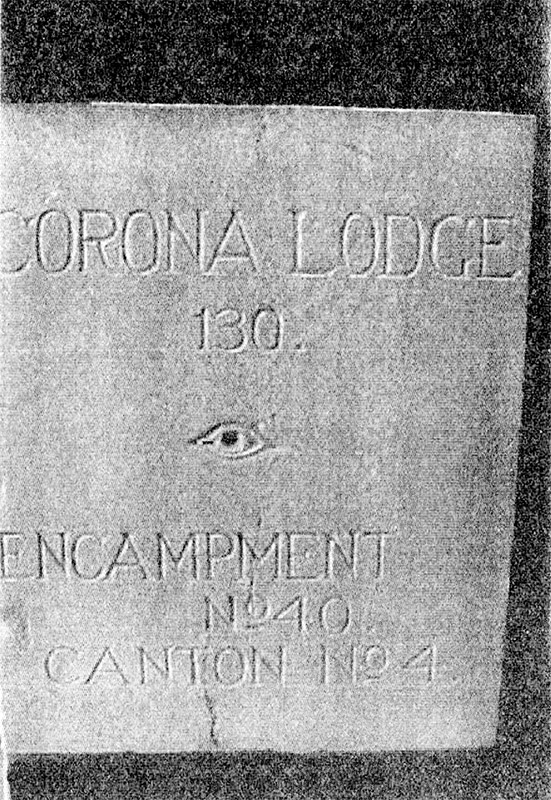 "Corona Lodge 130 Encampment Number 40 Canton Number 4" engraved cornerstone in brick wall