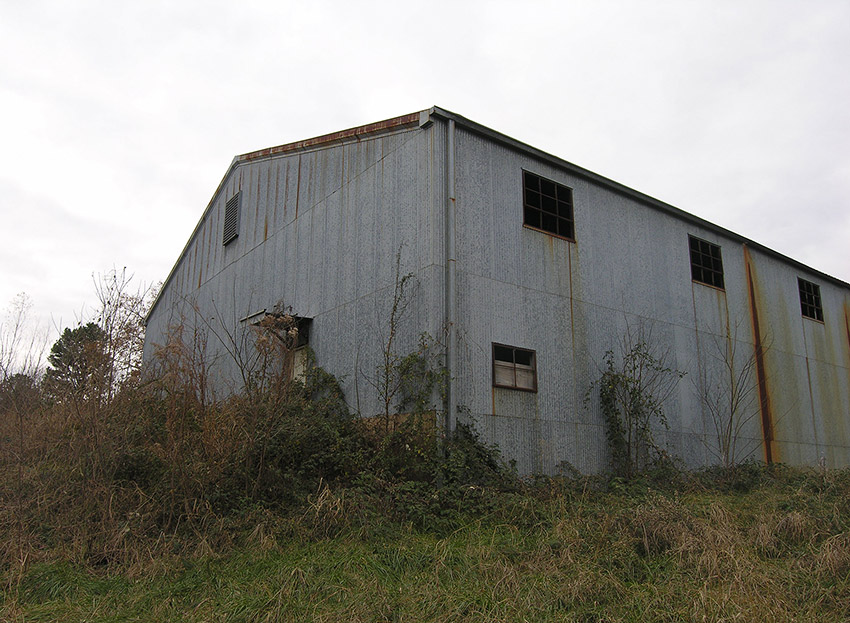 Weathered building with overgrown vegetation surrounding it