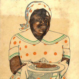 Cartoon of an African-American woman holding steak on a plate above building with green text "Old South Restaurant"