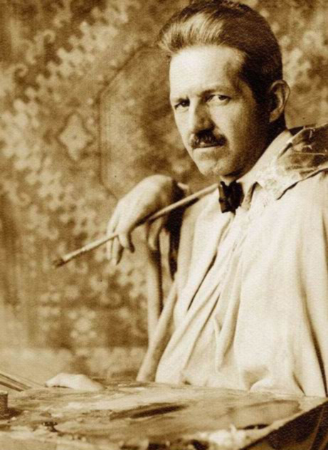 Portrait photo of white man with serious expression pompadour mustache jacket painters palette and long handled brush