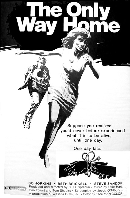 woman running with man running behind her on black and white "The only way home" movie poster