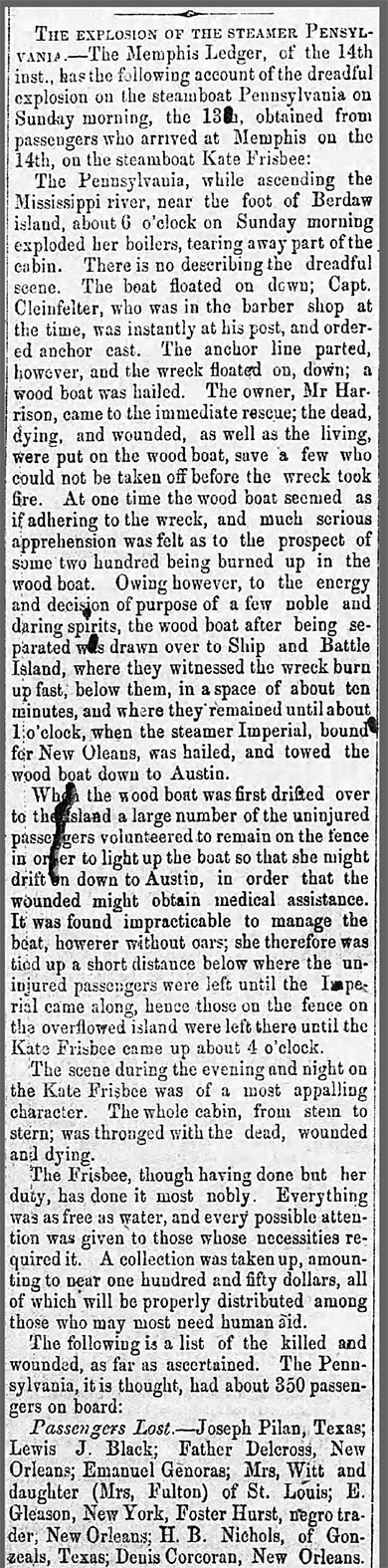 "The explosion of the steamer Pennsylvania" newspaper clipping