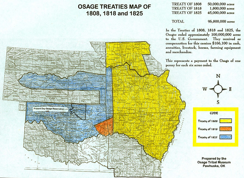 "Osage Treaties Map of 1808 1818 and 1825" with explanation and legend