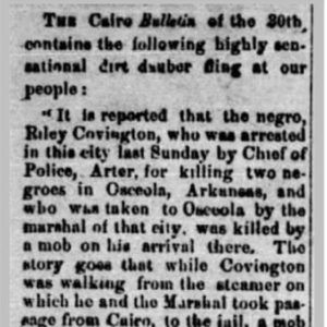 "It is reported that the negro Riley Covington ..." newspaper clipping