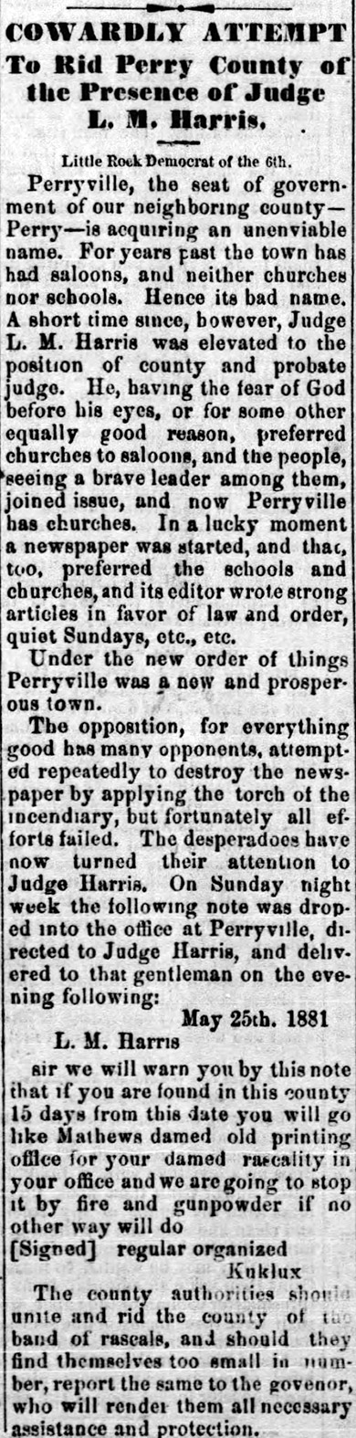 "Cowardly attempt to rid Perry County of the presence of judge L.M. Harris" newspaper clipping