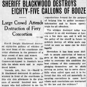 "Sheriff Blackwood Destroys Eighty-Five Gallons of Booze" newspaper clipping