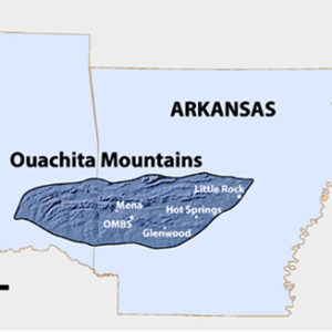 Location of Ouachita Mountains on Arkansas-Oklahoma map