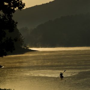 Person in a kayak paddling in the water with mountain and trees in the background