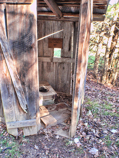 Interior of abandoned outhouse in forest
