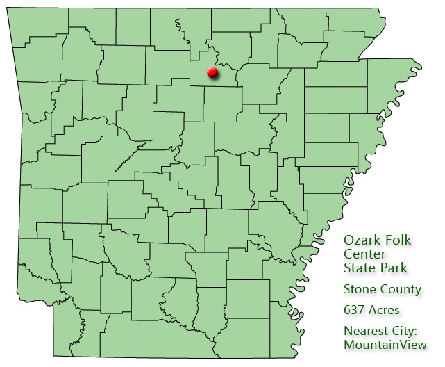 map outlining Arkansas counties with red pin in north-central region