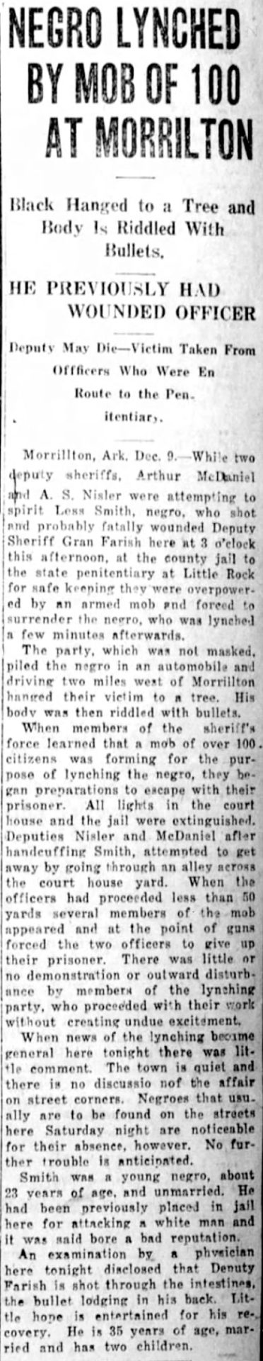 "Negro lynched by mob of 100 at Morrilton" newspaper clipping