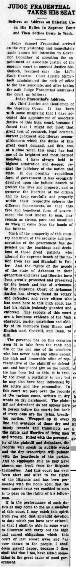 "Judge Frauenthal takes his seat" newspaper clipping