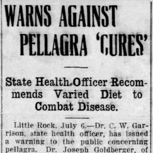 "Warns against pellagra cures" newspaper clipping