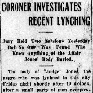 "Coroner investigates recent lynching" newspaper clipping