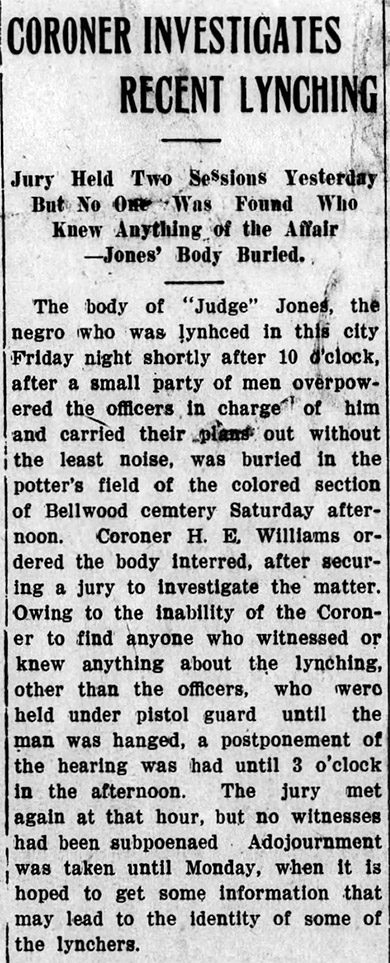 "Coroner investigates recent lynching" newspaper clipping