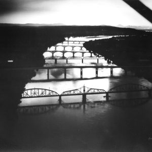 Aerial view of river crossed by six bridges