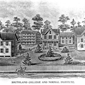 Drawing of group of buildings with courtyard beyond a fence