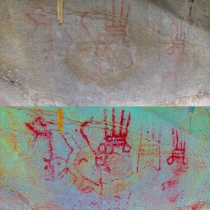 Faded cave painting on rock wall with high resolution image below it