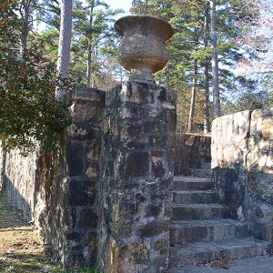 Brick staircase with decorative vase outdoors