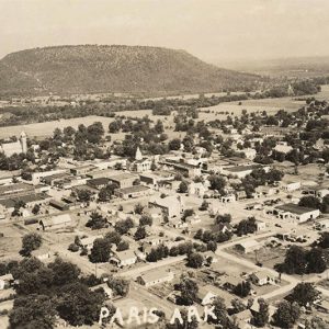 Bird's-eye view of town and countryside labeled "Paris Arkansas"