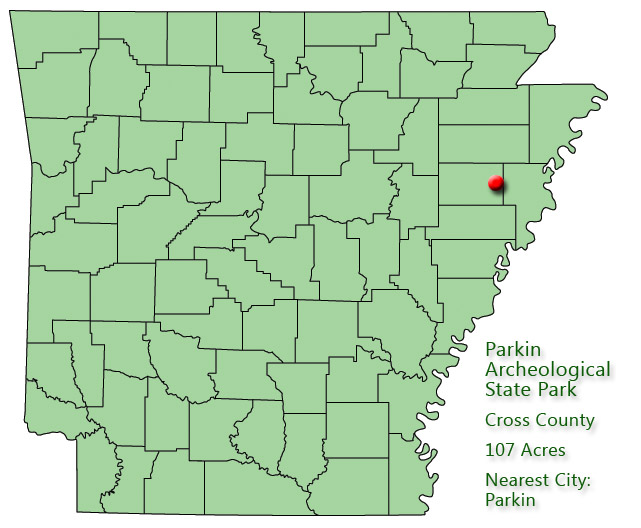 map outlining Arkansas counties with red pin in northeastern quadrant