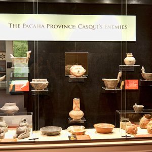 Native American pottery on display behind glass with sign saying "The Pacaha Province: Casqui's Enemies"