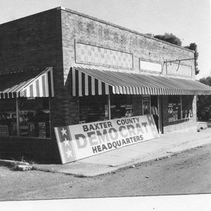 Two images of storefronts with Republican and Democrat banners