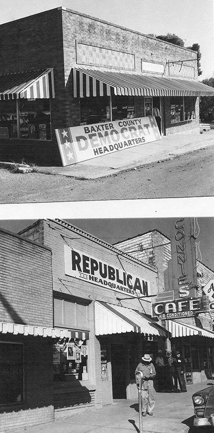 Two images of storefronts with Republican and Democrat banners