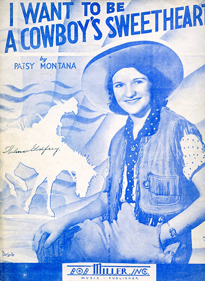 White woman in western clothing on white and blue sheet music cover