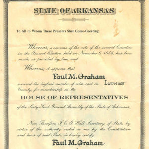 "State of Arkansas" diploma for Representative Paul M. Graham