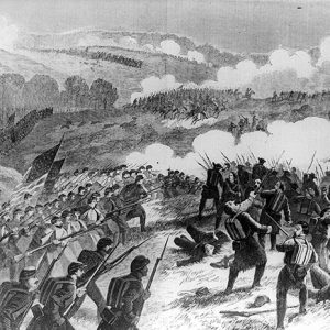 drawing of white men with guns bayonets and flags charging into battle