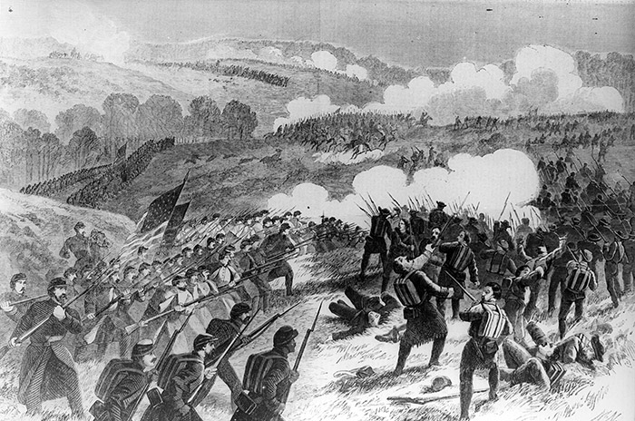 drawing of white men with guns bayonets and flags charging into battle
