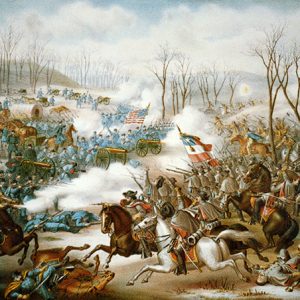 Blue and gray clad armies on horses with guns charging each other on battlefield with flags, cannons, bare trees, and smoke