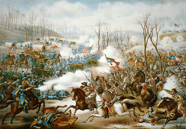 Blue and gray clad armies on horses with guns charging each other on battlefield with flags, cannons, bare trees, and smoke