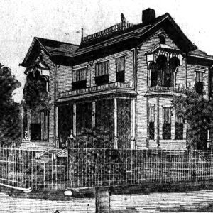 Drawing of multistory house with iron fence and street lamp