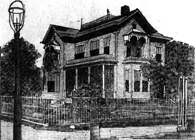 Drawing of multistory house with iron fence and street lamp