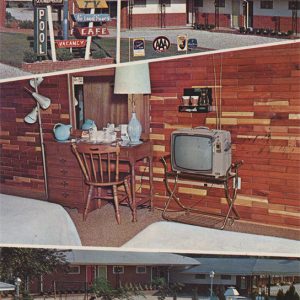 three views of brick motel showing exterior with signs interior of room with furniture and outdoor pool with diving board