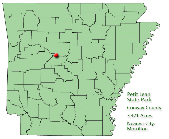 map outlining Arkansas counties with red pin near central Arkansas