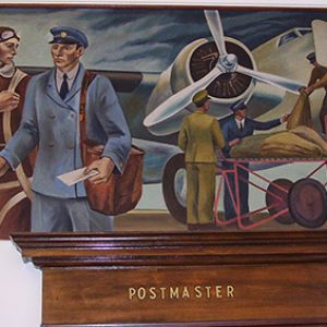 White workers and postman with airplane in painting above door marked "Postmaster"
