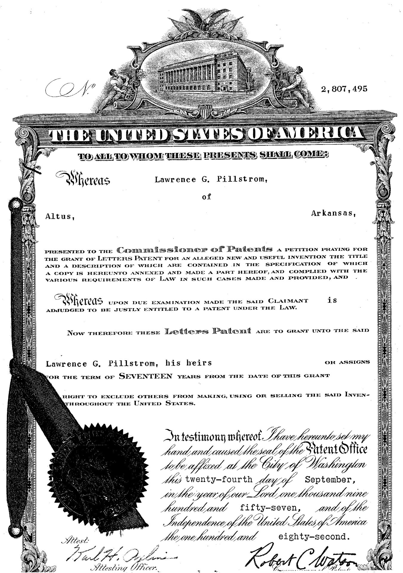 Official patent certificate for "Lawrence G. Phillips of Altus"
