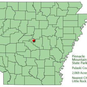 map outlining Arkansas counties with red pin in central Arkansas