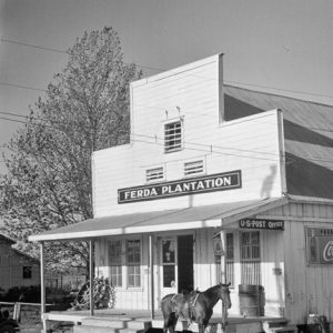store building with tall front with "Ferda Plantation" sign over covered porch with horse in front