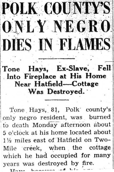 "Polk county's only Negro dies in flames" newspaper clipping