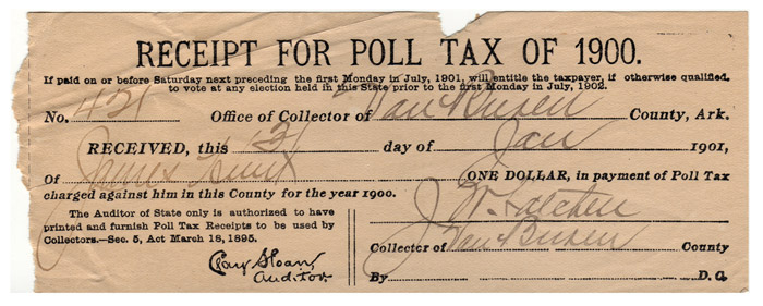 "Receipt for poll tax of 1900" document on wrinkled paper