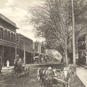 White men with horse drawn wagons on town street lined with buildings and trees